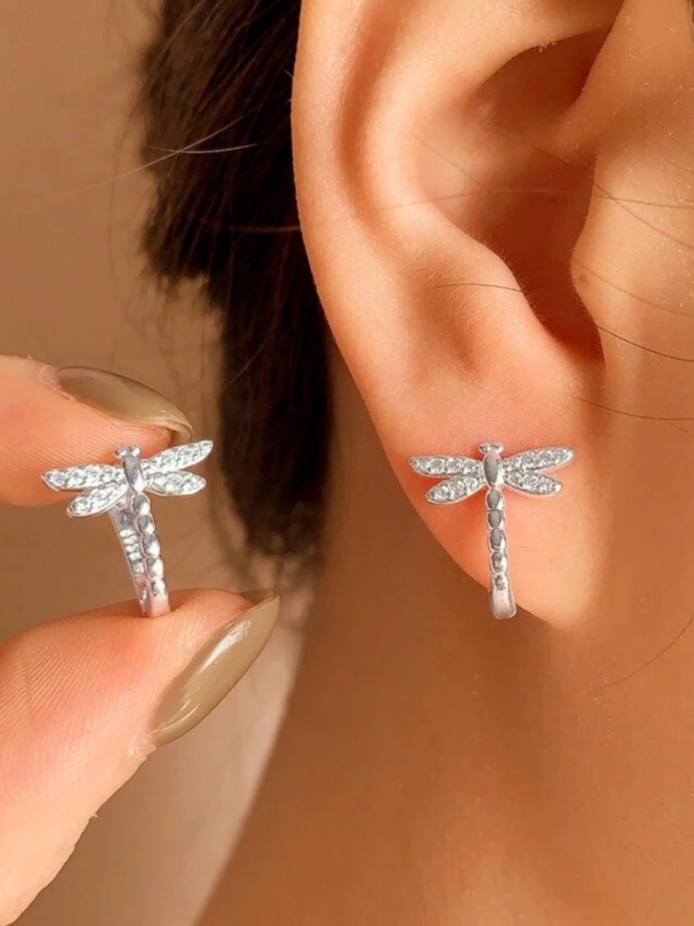 Dragonfly Hoop Earrings - Silver tone Crystal Accent